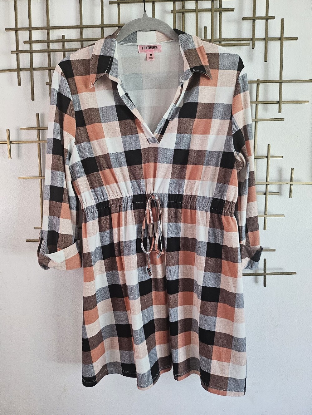 M- Feathers-  Peach Black White Plaid Drawstring Shirt Dress